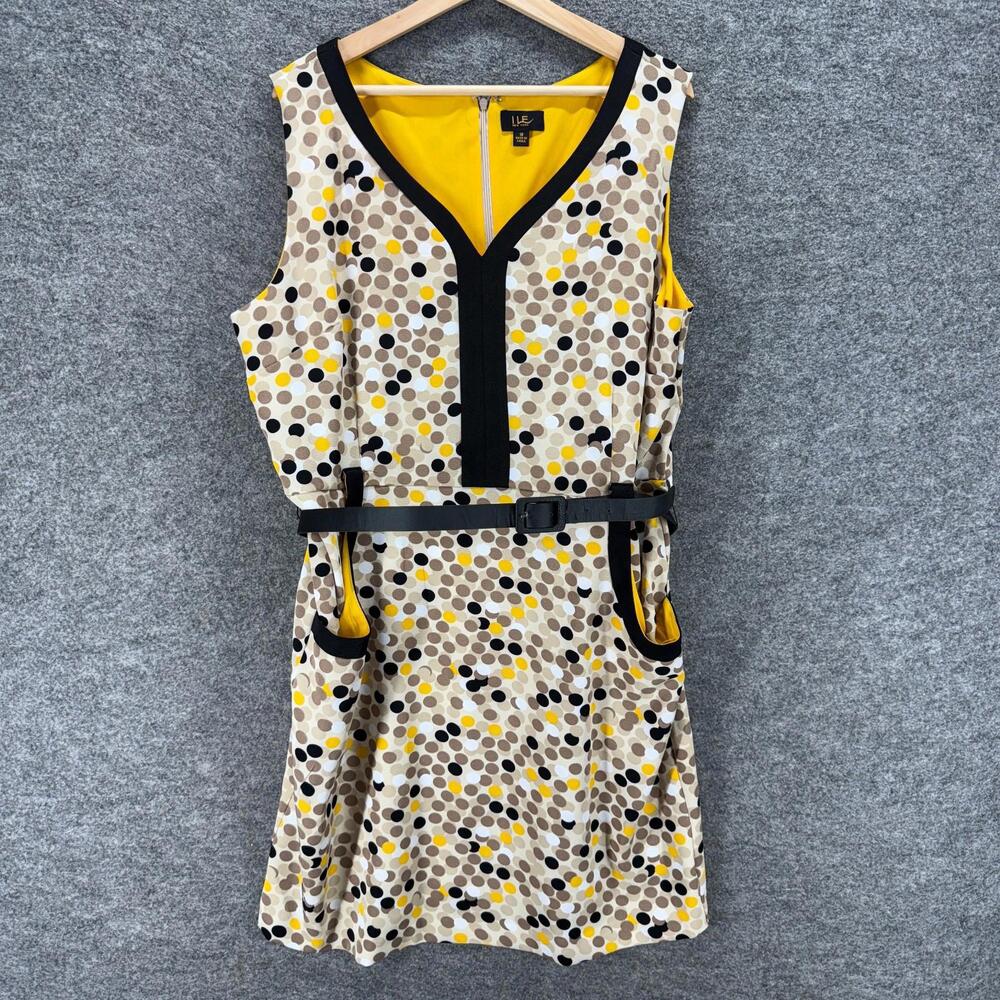 I Le Dress Women 18 Plus Beige Polka Dot Sheath Midi Zipper V-Neck Belted Casual